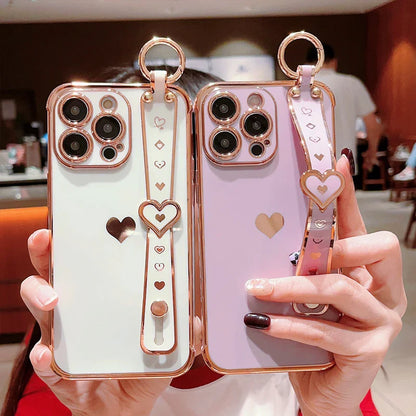 eybag New Electroplated Solid + Love Wrist Strap Mobile Phone Case For iPhone 11/12/13/14/15 Pro Max Apple Series Phone Cases