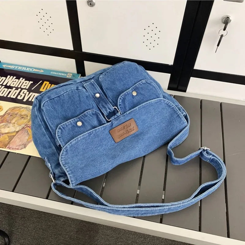 Lkblock Denim Vintage Shoulder Bags for Women Japanese Fashion College Style Mens Messenger Bag Multi-functional Designer Handbag