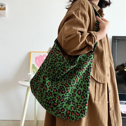 eybag Women's Corduroy Shoulder Crossbody Bag Green Leopard Print Cloth Large Capacity Handbag Casual Travel Shopping Totes