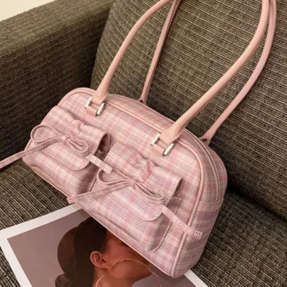 eybag Pink Elegant Womens Shoulder Bag Plaid Bow Vintage Leather Cute Leather Handbag Casual Sweet Bow Exquisite New Armpit Bag