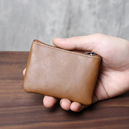 eybag Retro Genuine Leather Mini Zero Wallet For Men And Wom, Solid Color Top Layer Cowhide Zipper Small Card Bag, Minimalist Coin Bag