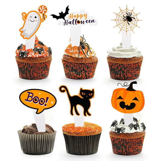 -16-48pcs Halloween Cupcake Toppers Pumpkin Ghost Bat Cake Flag Dessert Cake Decorations Kids Halloween Birthday Party Supplies