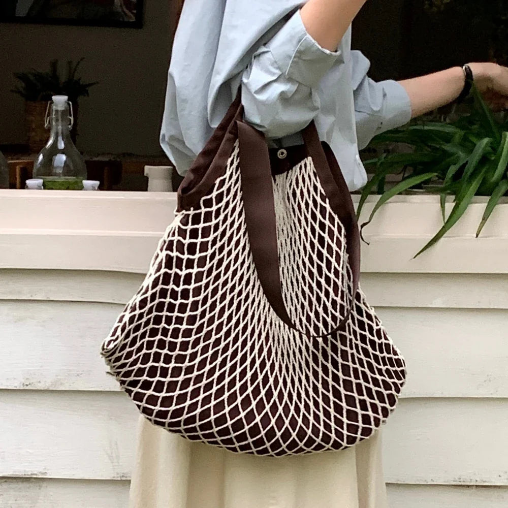 eybag Fashion Design Stitching Design Woven Net Bag for Women Handbag  Large Capacity Casual Ladies Shoulder Bag Big Totes