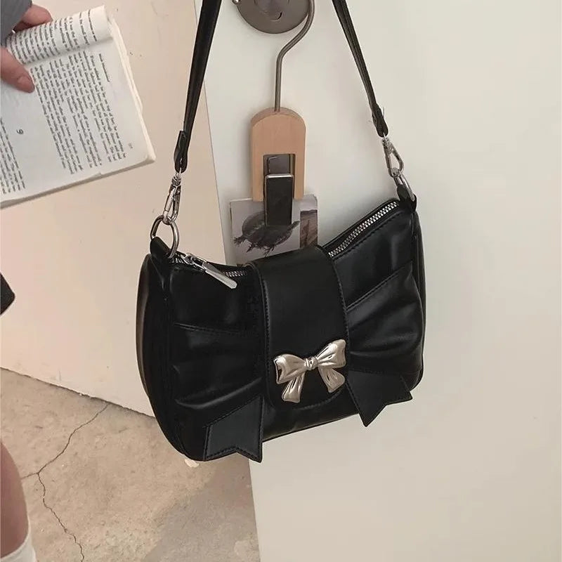 eybag Pink Bow Womens Shoulder Bag Korean Fashion College Style Elegant Handbag Square Pleated Sweet Casual Leather Armpit Bag