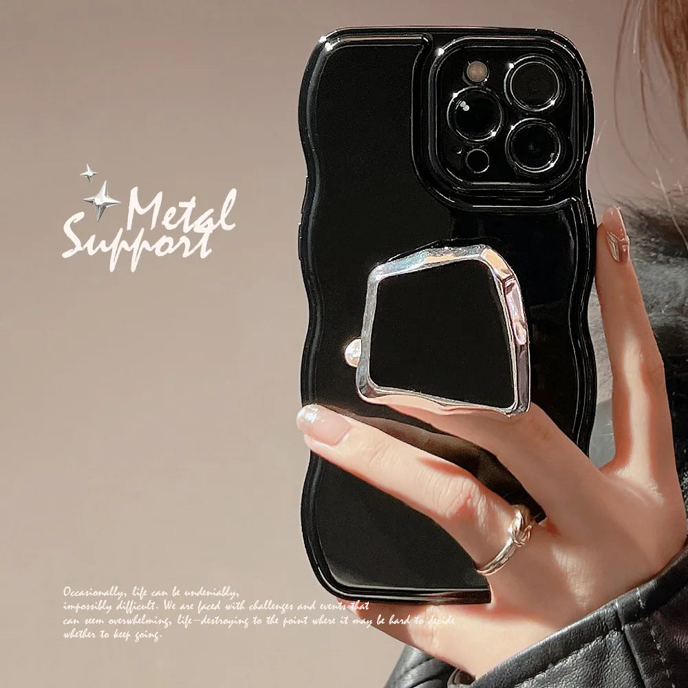 eybag Luxury Solid Color Wavy With Metal Holder Phone Case For iPhone 15 14 13 12 11 Pro Max 14 Plus Soft Silicone Shockproof Cover