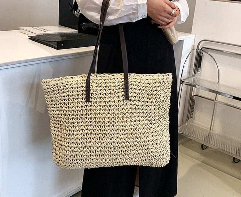 Lkblock Hot fashion Simple hollow beach bags women straw bag vintage knitted big tote bags shoulder bags