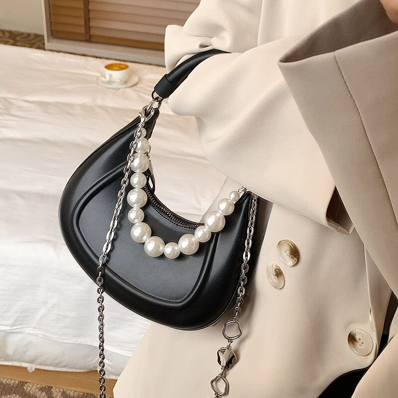 Lkblock Kawaii Tote PU Leather Half Moon Armpit Bag with Pearl Short Handle 2022 Women's Designer Handbag Luxury Shoulder Crossbody Bag