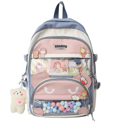 eybag New Multi-pocket Pink Kawaii Girls School Backpack For Teenager Female Book Schoolbag Women Transparent PVC  Nylon Mochila