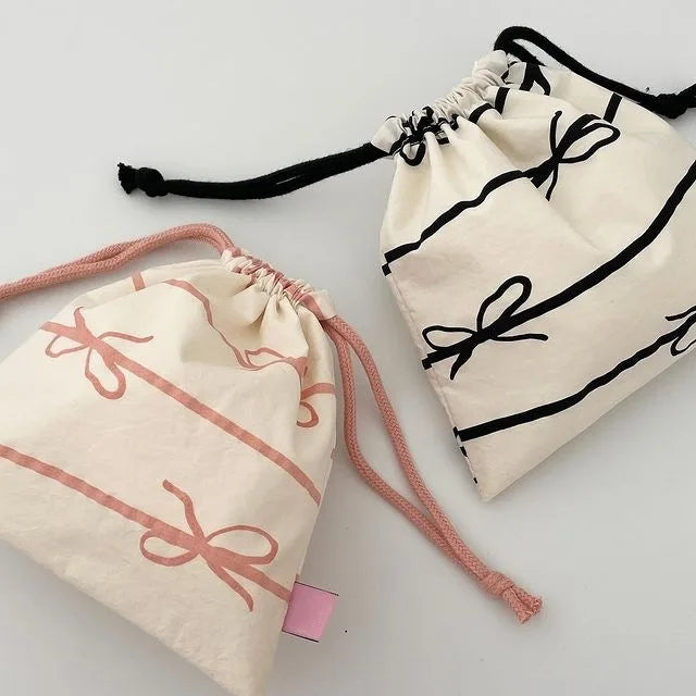 eybag Sweet Drawstring Bags for Girl Black Pink Color Striped Style Lipstick Storage Bag Portable Y2K Bow Earphone Hair Clip Candy Bag