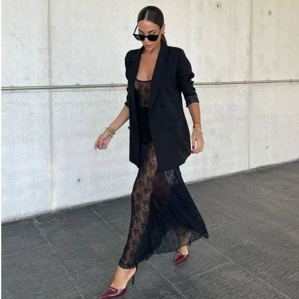 eybag Black Lace Maxi Dress for Women Sexy See Through Slim Evening Party Dresses Fashion Spaghetti Strap Ruffle Christmas Dress 2024