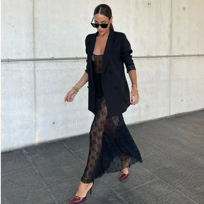 eybag Black Lace Maxi Dress for Women Sexy See Through Slim Evening Party Dresses Fashion Spaghetti Strap Ruffle Christmas Dress 2024