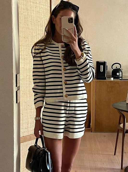 eybag Striped Knit 2 Piece-Set Shorts Women Fashion Zebra Printed Cardigan And High Waist Patchwork Shorts Sets Knitwear Outfits