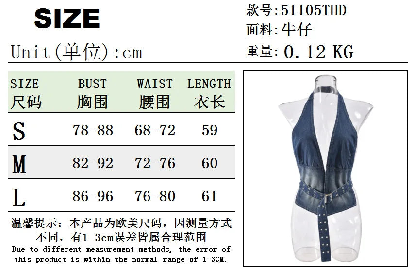 eybag Women Sexy Denim Tank Tops with Adjustable Grommet Belt Fashion V-neck Halter Backless Jeans Vest Casual Streetwear Tops