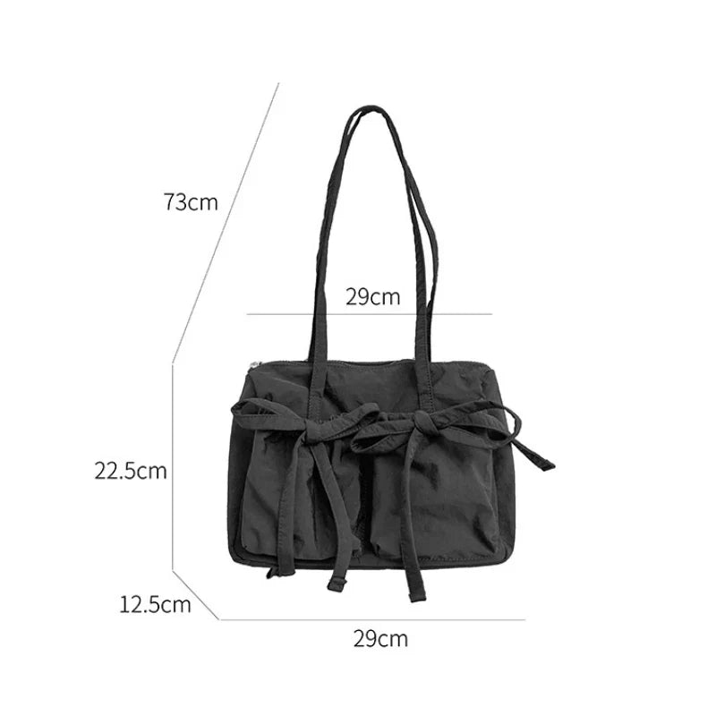 Lkblock Lightweight Casual Nylon Shoulder Bag Unique Fresh Gentle Bow Design Travel Bag Solid Color Soft Large Capacity Women's Tote Bag