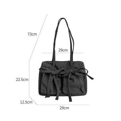 Lkblock Lightweight Casual Nylon Shoulder Bag Unique Fresh Gentle Bow Design Travel Bag Solid Color Soft Large Capacity Women's Tote Bag