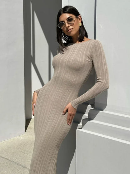 eybag Autumn Long Sleeve Knitted Maxi Dress Women Elegant Sexy Pit Strip O-Neck Bodycon Evening Party Dresses 2024 Lady Casual Dress