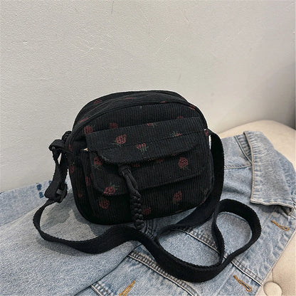 eybag Women Corduroy Crossbody Bag Strawberry Print Multi Layer Shoulder Bag Versatile Phone Purse Small Square Bag Travel Coin Purses