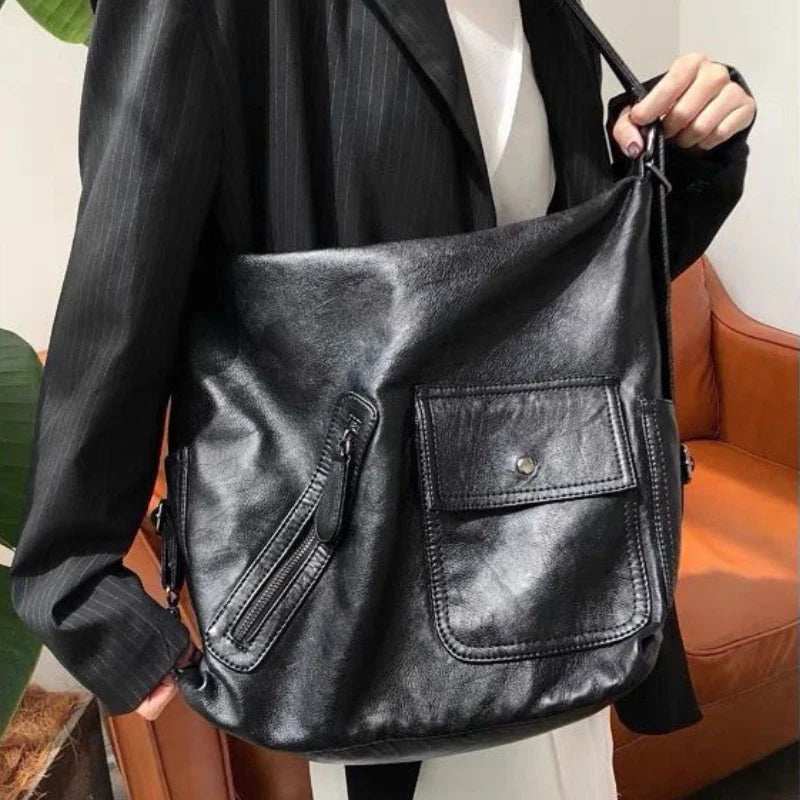 eybag Black Vintage Womens Shoulder Bag Plain Luxury Motorcycle Messenger Bag Designer Large Capacity Multi-functional Backpacks