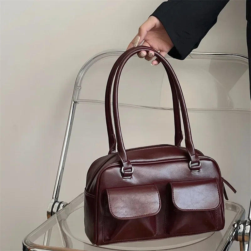 eybag Vintage Women Business Shoulder Bags Simple Ladies Commute Tote Bag Pu Leather Female Underarm Bag Burgundy Large Handbags Purse