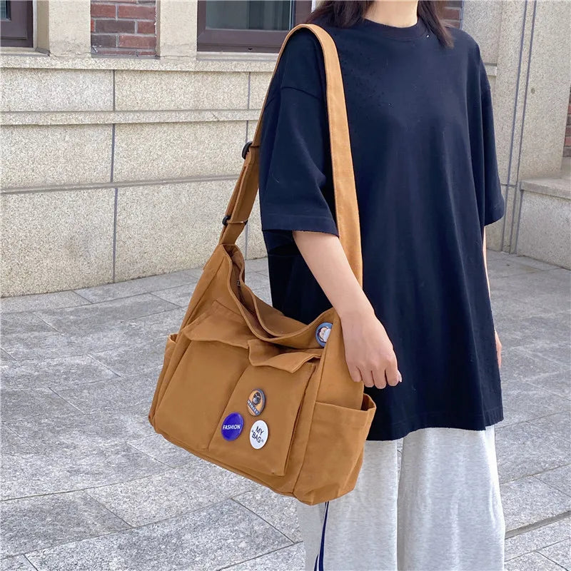 eybag Canvas Student Shoulder Bag Large Capacity Shopping Bags Female Casual Women Tote Solid Color Shoulder Crossbody Bag