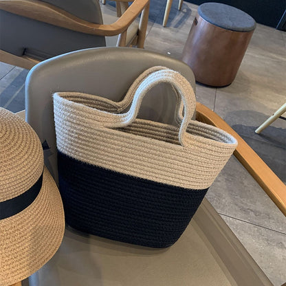 eybag Summer Woven Straw Handbag Women Contrast Color Cotton Rope Beach Bag Travel Large Capacity Tote Shopping Handle Bags