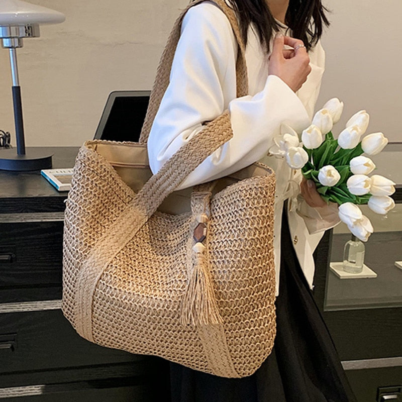 eybag 2023 Straw Braided Bag Hand-woven Simple Handbag Holiday Beach Shoulder Bag Casual Trend Women Large Capacity Tote Shopping Bags