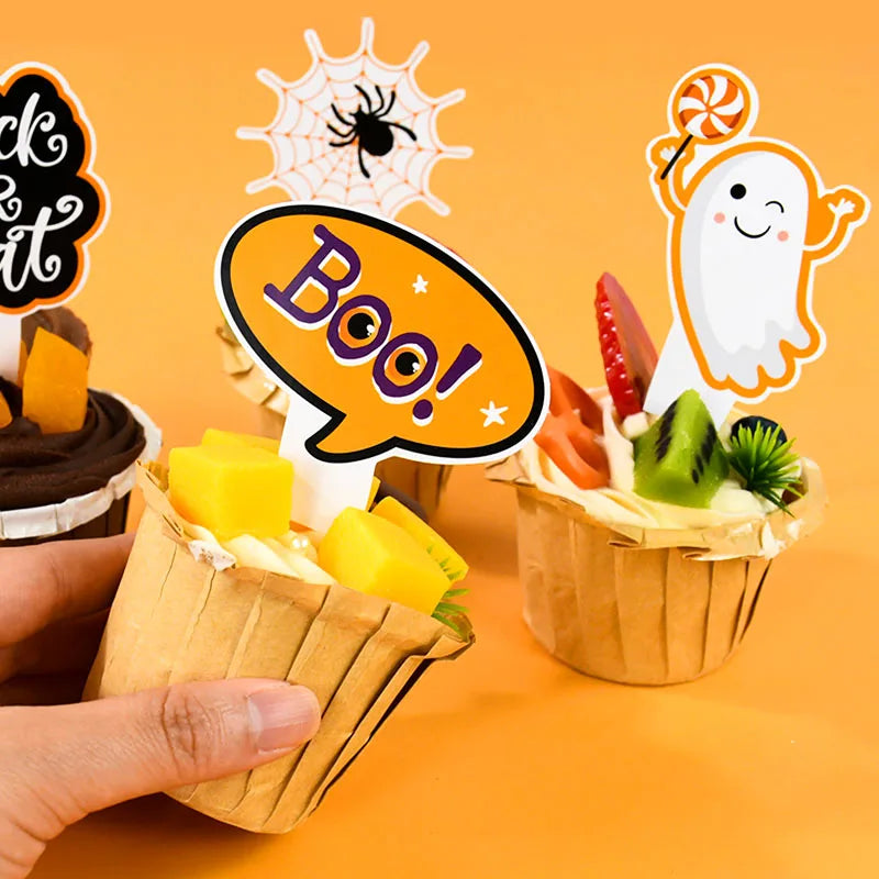 -16-48pcs Halloween Cupcake Toppers Pumpkin Ghost Bat Cake Flag Dessert Cake Decorations Kids Halloween Birthday Party Supplies