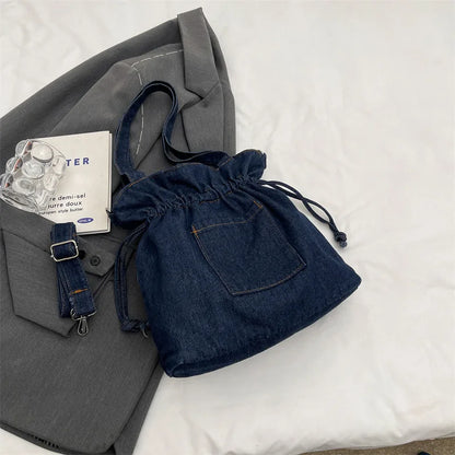 eybag Fashion Denim Women Bucket Shoulder Bag High Capacity Female Crossbody Bags Ruffled Denim Under Arm Bag for Women