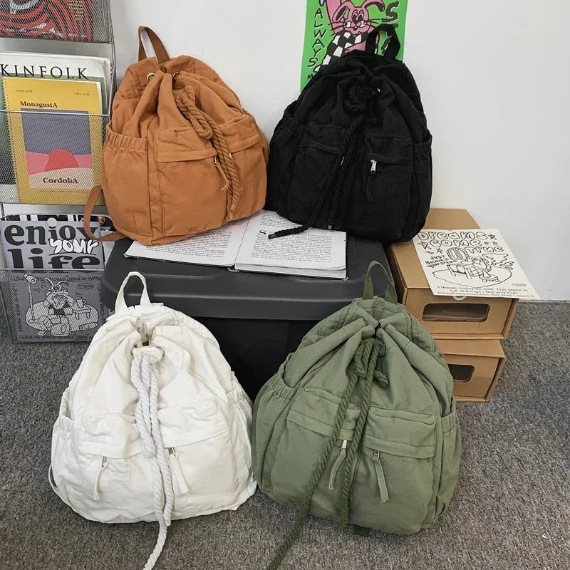 eybag Canvas Vintage Girl Leisure Drawstring Book Bag Female Brown Laptop College Backpack Women Travel School Bag Fashion Cool