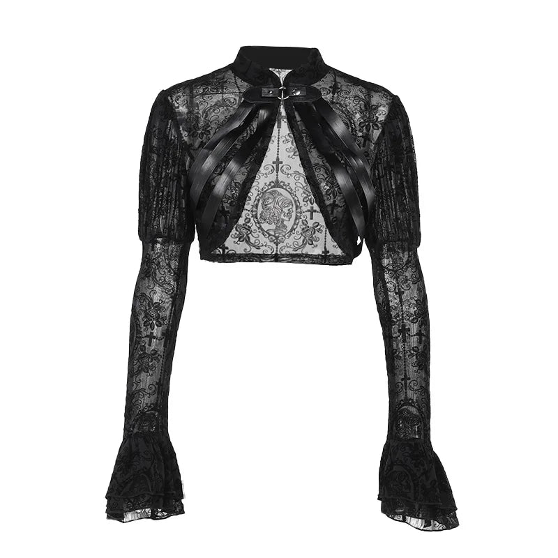 eybag Gothic Sexy Lace Mesh Flared Long Sleeve Smock Y2K Vintage Black See Through Cover-ups  Skeleton Frame Top