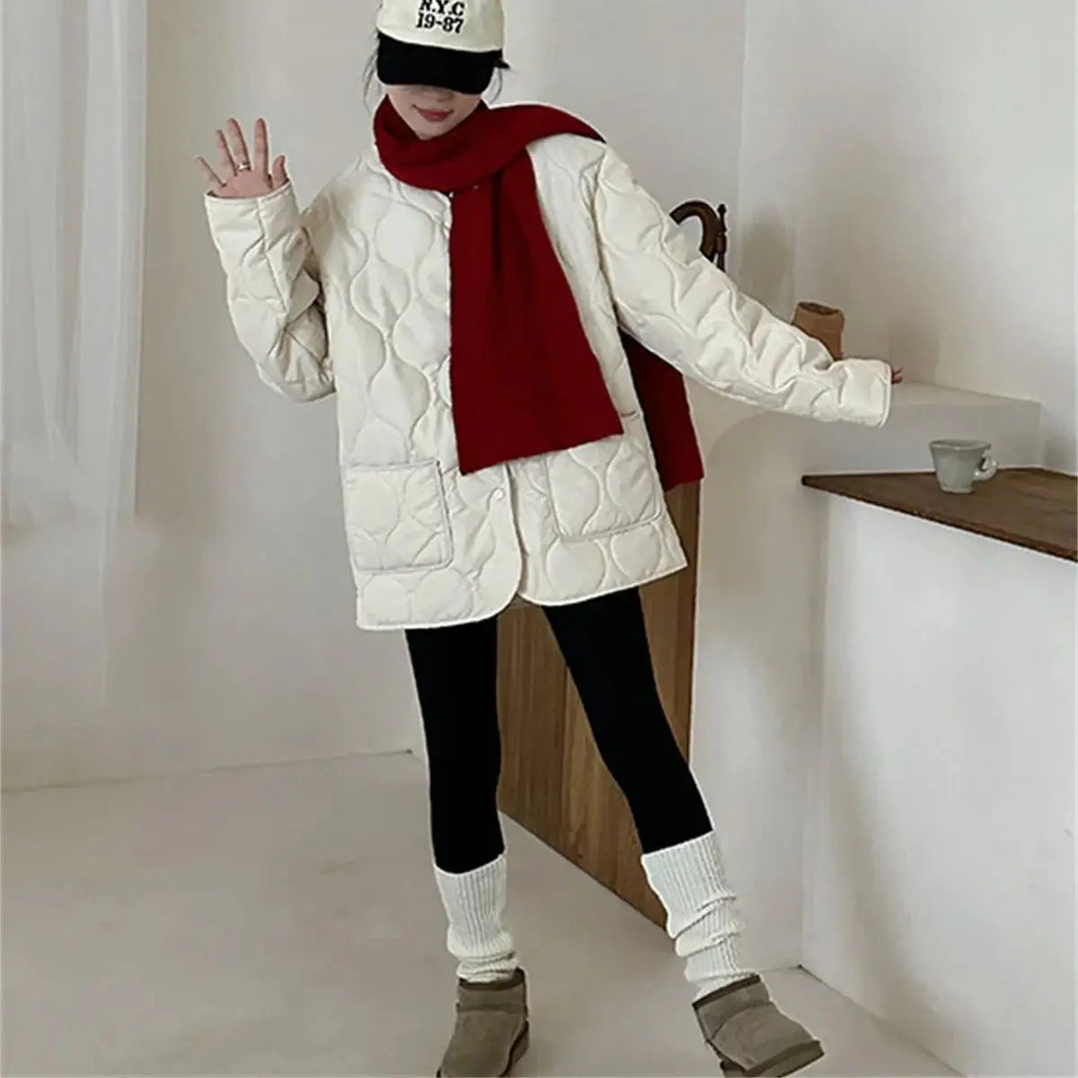 eybag Autumn Winter Women Quilted Jacket Single Breasted Solid V Neck Coat Long Sleeve Loose Fashion Clothes Lady Outfit Warm Clothing