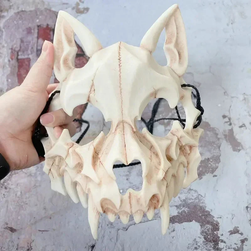 -Halloween Custom Party Skull Mask Long Teeth Demon Skeleton Half Face Mask Wolf Dragon Tiger Houjuu Nue Mask Cosplay Halloween Costume Props