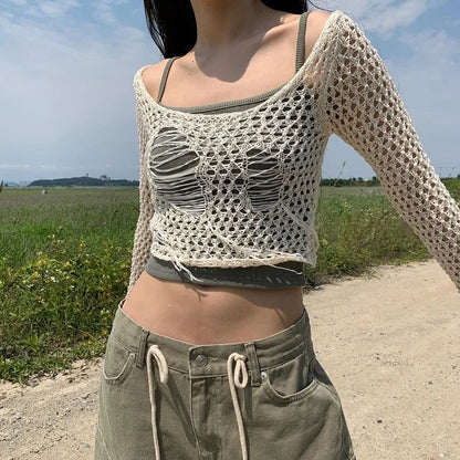 eybag Knit Rib Holloe Out Slash Collar Long Sleeve Trassel High Waist Crop Top Tank T Shirts Autumn Casual Wholesale Clothes