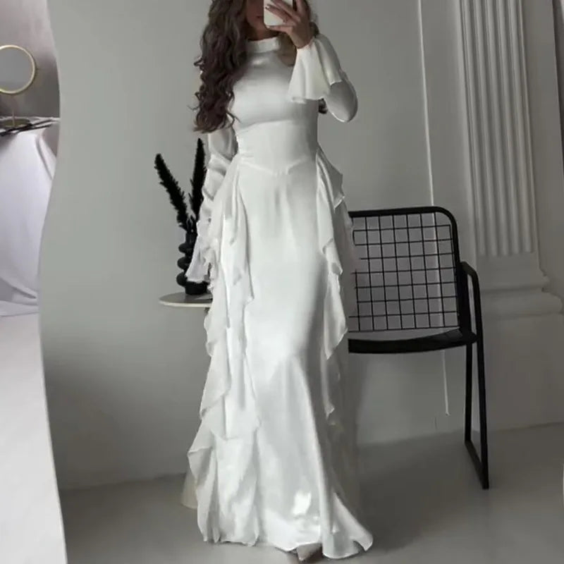 eybag Autumn New Round Neck Flared Sleeve Ultra Long Dress Women Fashion White High Waist Patchwork Dress Women Casual Party Dinner Dr