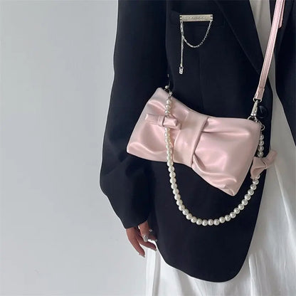 eybag Sweet Bow Pink Shoulder Bag Women Fairycore Aesthetic Pearl Leather Handbag Female Harajuku Solid Messenger Bag