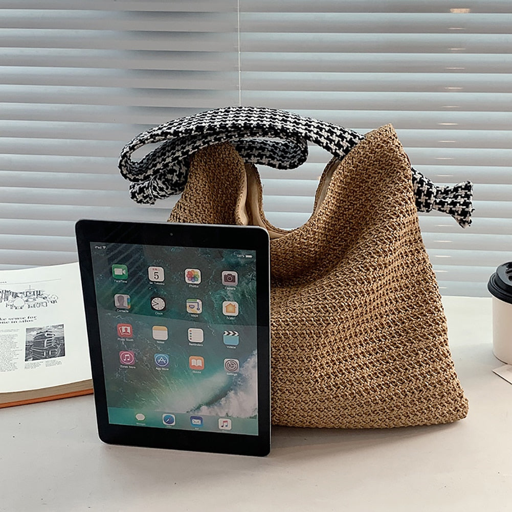 eybag Casual Large Capacity Woven Straw Handbags Summer Handmade Rattan Women Shoulder Bags Beach Vacation Female Shopping Bags Totes