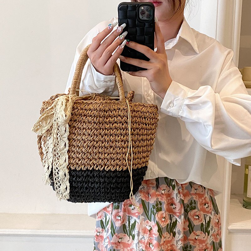 eybag New Straw Woven Bag Fashion Silk Scarf Women's Shoulder Crossbody Bag Luxury Trendy Woven Handbags for Female Handbag 2023