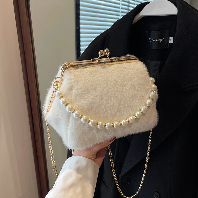 eybag Fashion Design Women's Dinner Bag Winter Plush Leopard Clutch Bag Chain Metal Clip one-shoulder Crossbody bag