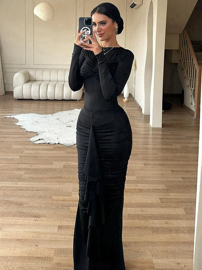 eybag Long Sleeve Draped Sexy Maxi Dress For Women Gown Autumn Winter New O Neck Ruched Bodycon Sexy Long Dress Elegant