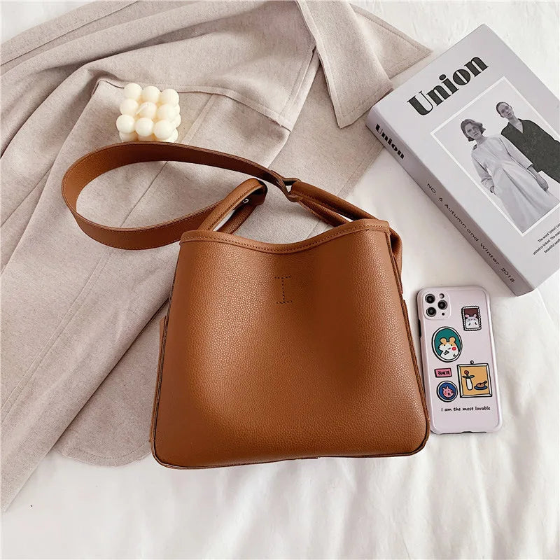 Lkblock Korean style women bucket bags Casual pu leather Female Shoulder Bag for female Solid color totes bolsa Ladies big handbag