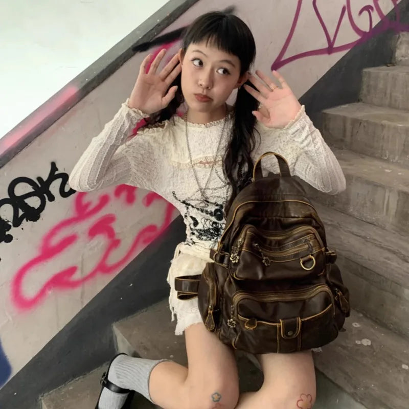 eybag Vintage Y2k Womens Backpack Brown Original Casual Large Capacity Leather Men Travel Backpack Designer Fashion Female Bag