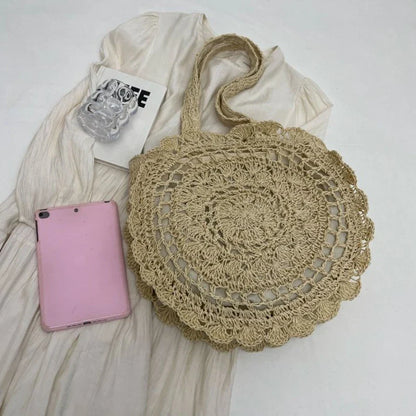 eybag Zipper Models French Straw Woven Circular Women's Shoulder Bag 2024 Hot Sale Large Capacity Handmade Straw Vacation Beach Bag