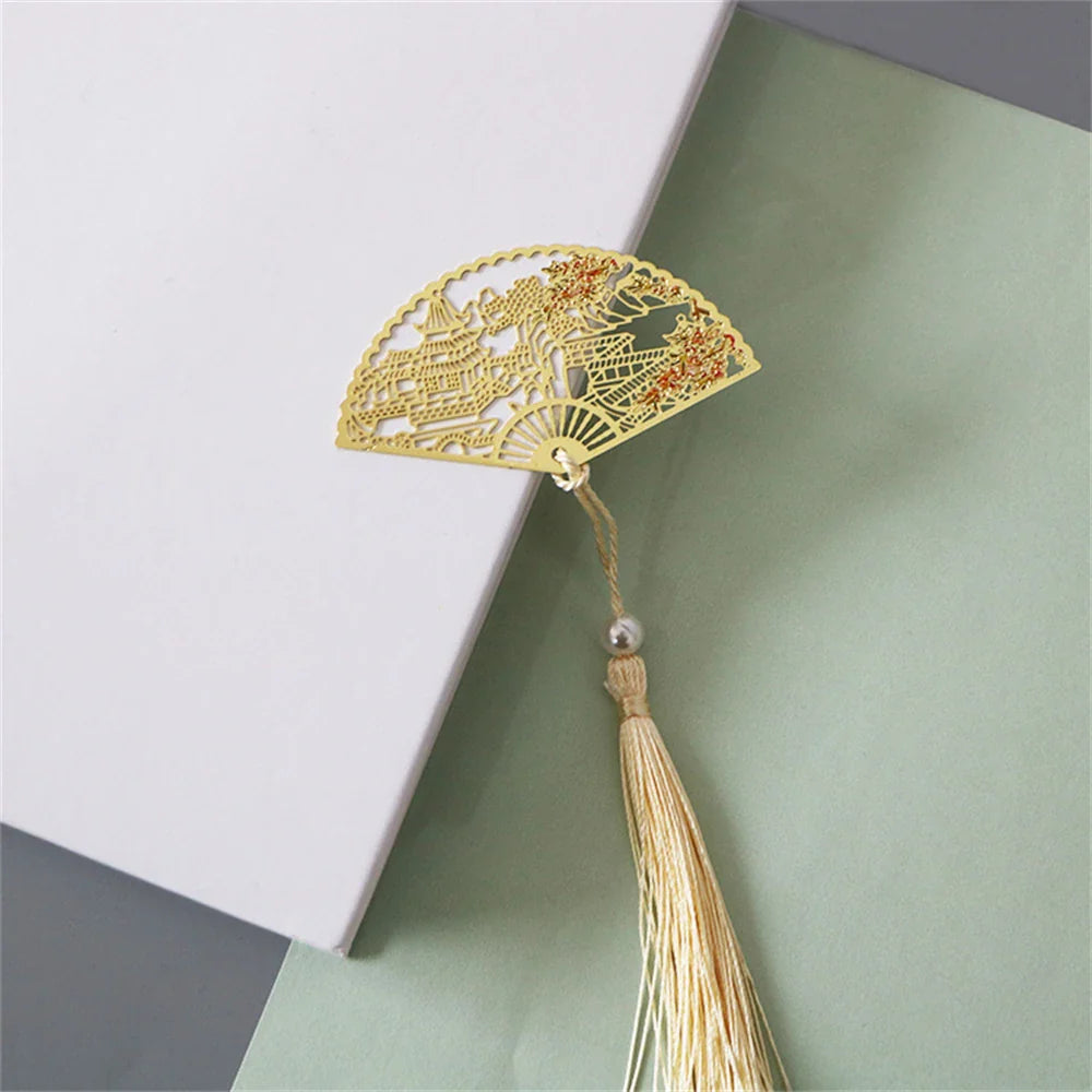 eybag Exquisite Hollow Fan Shape Bookmarks With Tassel Beautiful Chinese Style Metal Book Mark Student Stationery Reading Supplies