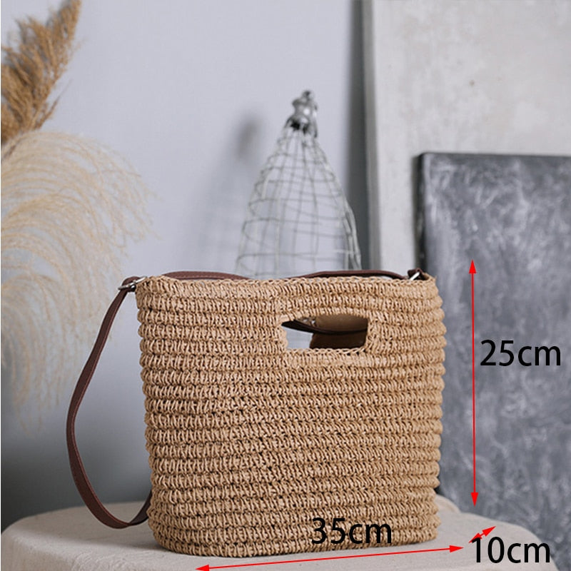 eybag Summer Woven Straw Handbag Women Contrast Color Cotton Rope Beach Bag Travel Large Capacity Tote Shopping Handle Bags