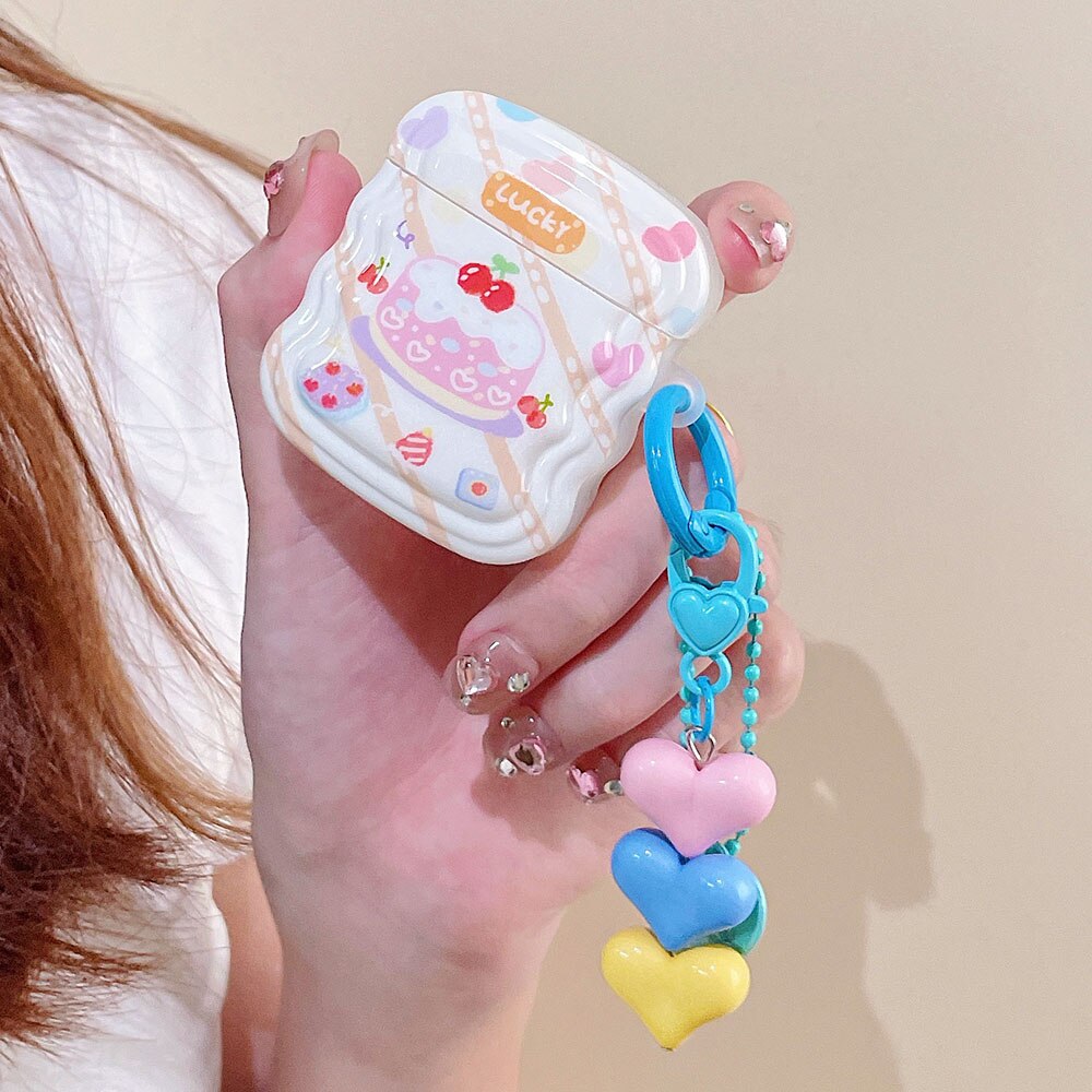 eybag Korean Curved Edge Lattice Love Cake Case for AirPods Pro 1 2 3 Heart Keyring Bluetooth Earphone Cases for Air Pods 2 Soft Cover