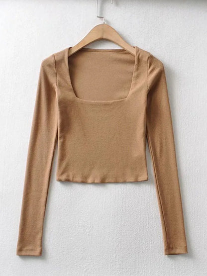 eybag Women Cotton Ribbed Square Neck Crop Top With Long Sleeve