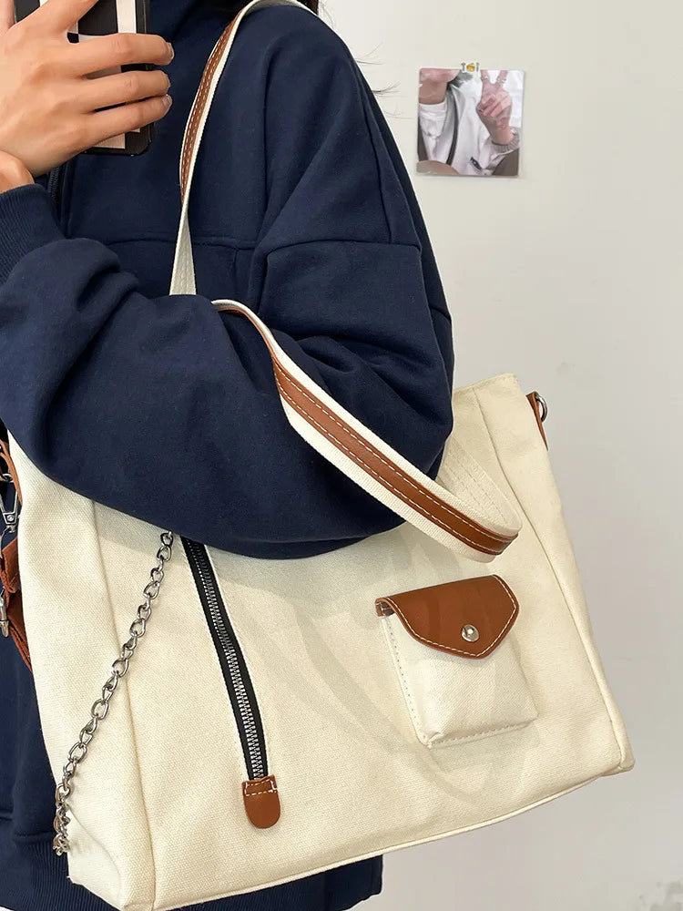 eybag Fashion Korean Style Shoulder Bag For Women High Quality Canvas Bags Ladies Tote Handbags With Chain PU Patchwork Crossbody Bags