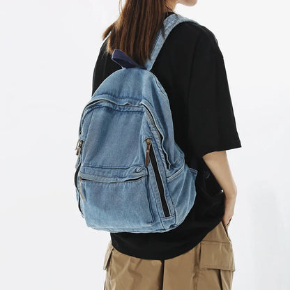 eybag Fashion Multi Pocket Women Backpack Vintage Washed Denim Female School Backpack Men Leisure Trendy Cool Student Travel Book Bag