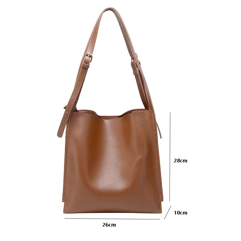 Lkblock Large Capacity Tote Bags For Women New PU Retro Chic Commuter Bucket Bag Simple All-Match Shoulder Bags