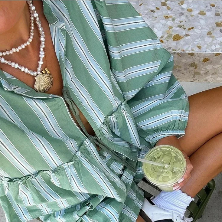 eybag Summer Casual Striped Shirt Shorts Suit Ladies Loose Bow Lace Cut-out Long Balloon Sleeve Suit Women's Summer Beach Ladies Suit